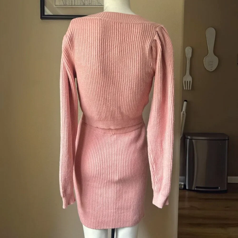 Lulus Womens 2-Piece Pink Textured Knit Button Cardigan Sweater & Skirt Set